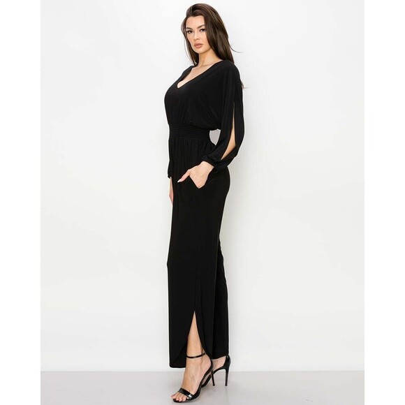 LAST TANGO Black Jumpsuit XL VNeck Dolman Split Sleeve Ankle Slit Pocket Stretch - Picture 2 of 15